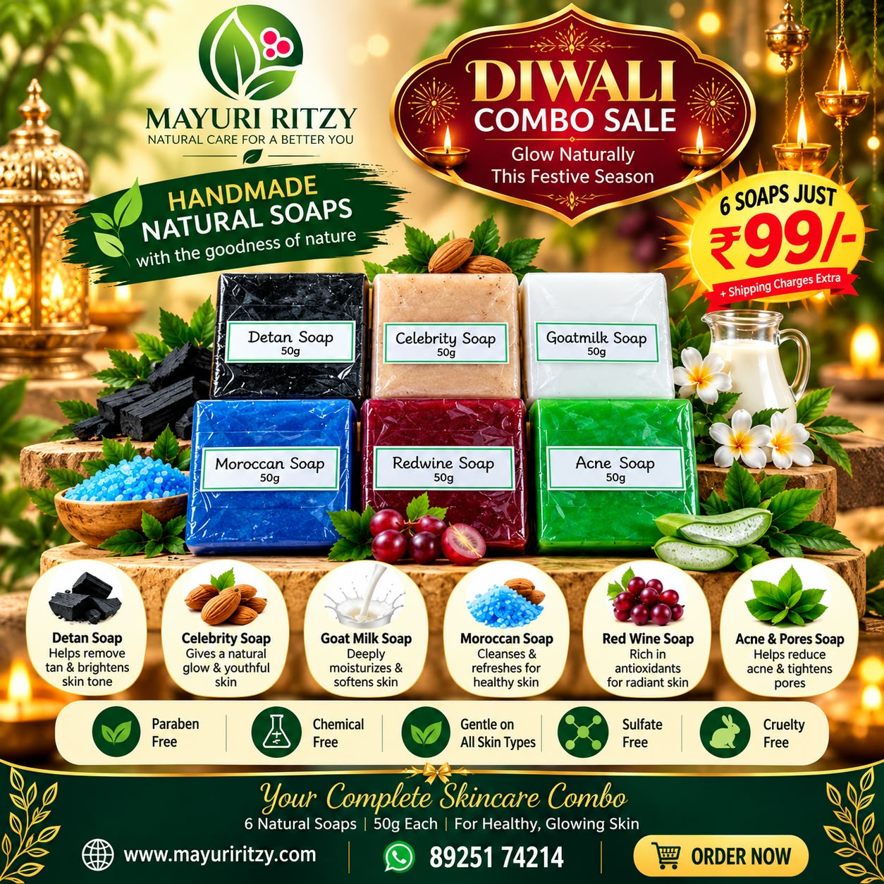 Diwali Glow & Care Combo – 6 Soaps for ₹99